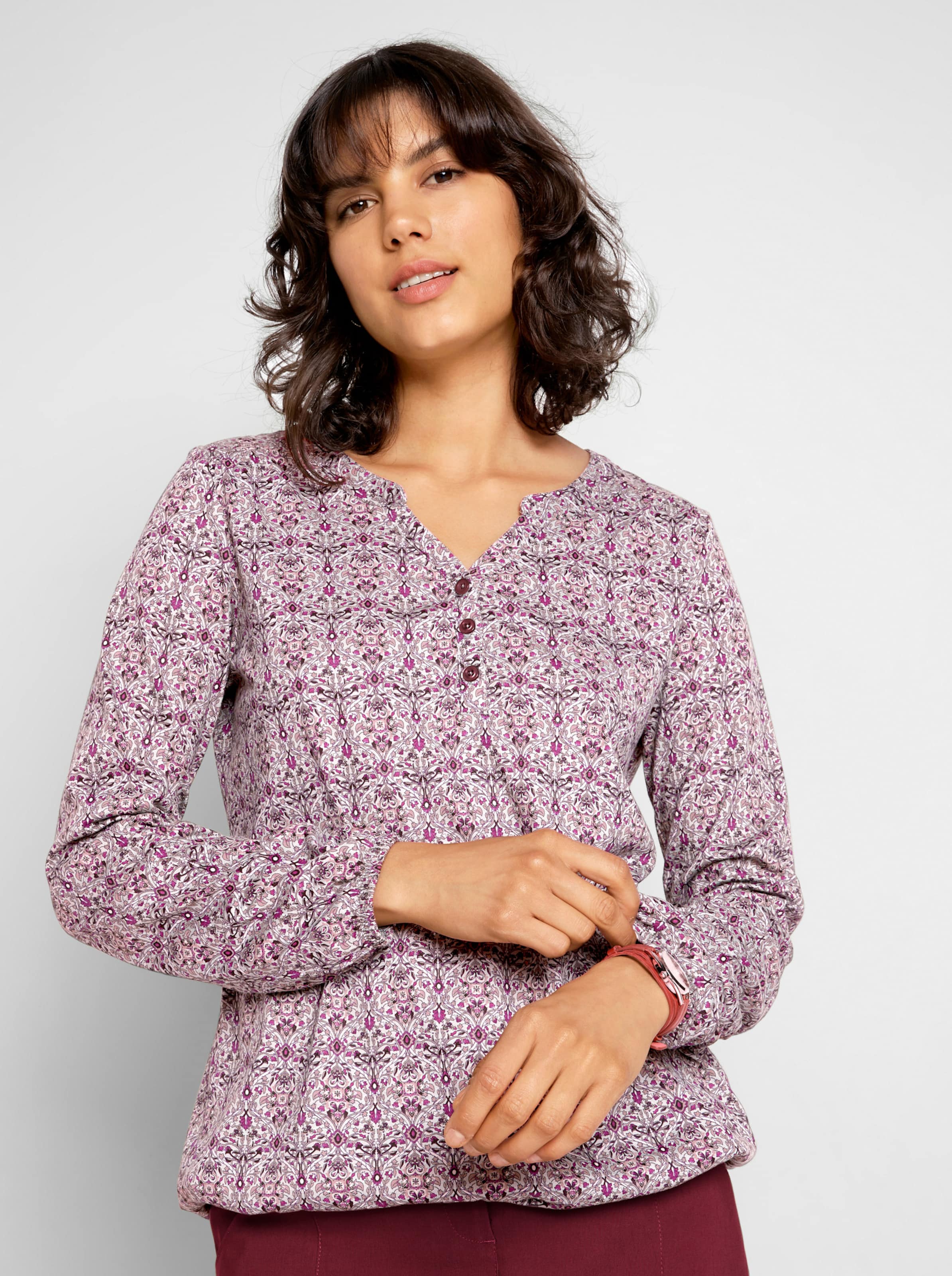 Druck-Shirt in ecru-dunkelrot-gemustert