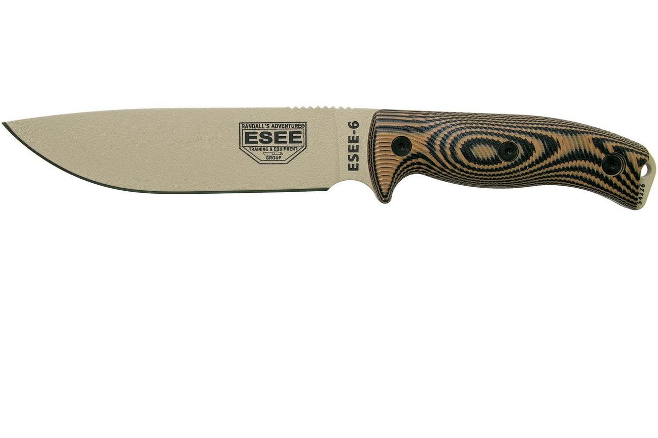 ESEE Model 6 Desert Tan Blade 3D Coyote-Black G10 survivalmes 6PDT-005 zwarte schede   clip plate