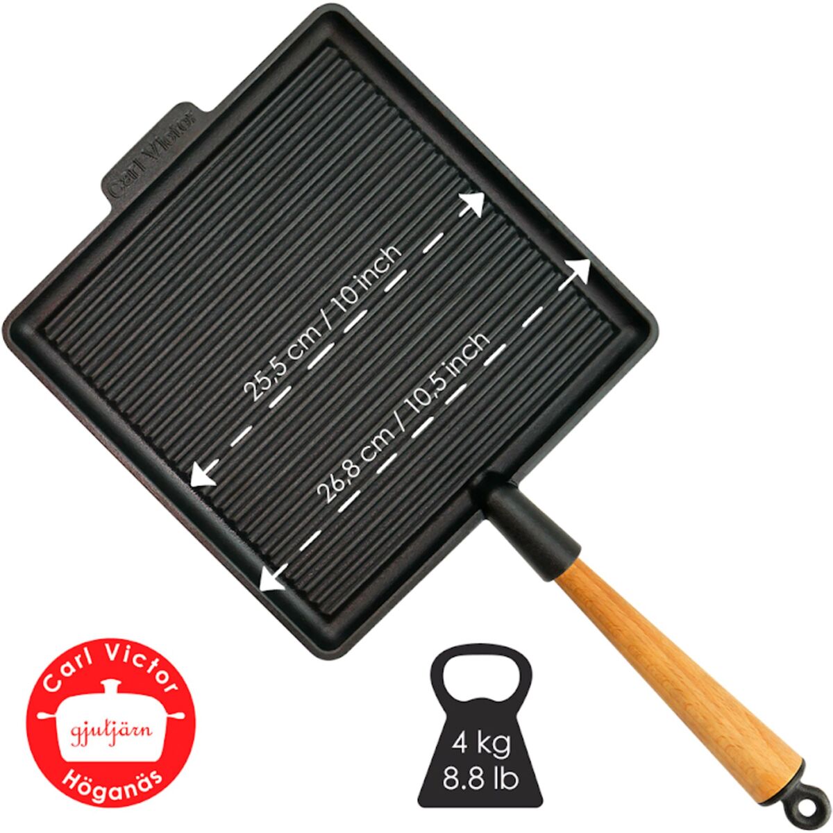 Firkantet grillpanne i støpejern 28 cm, håndtak i bøk
