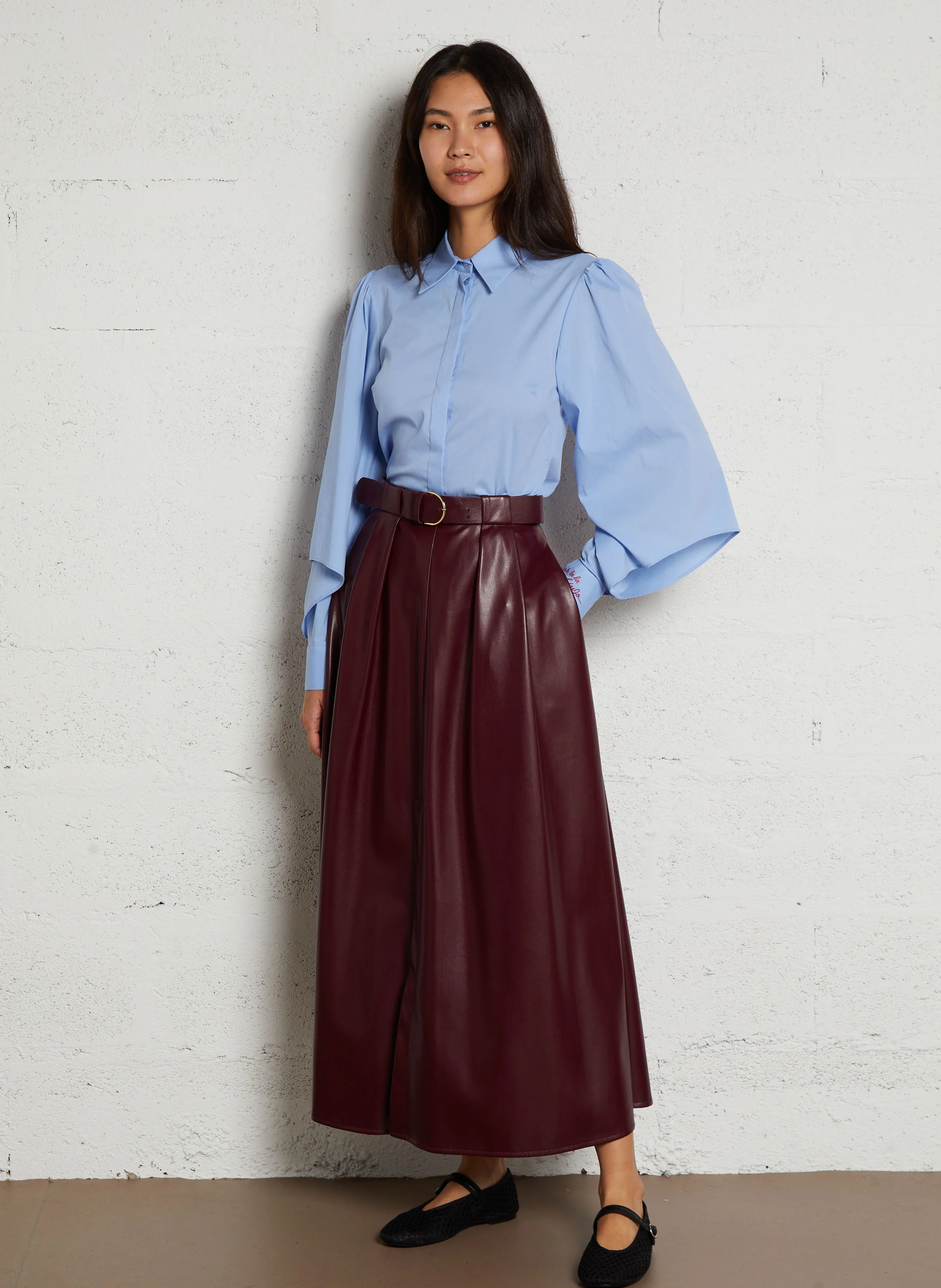 Jupe midi évasée effet cuir | Rouge