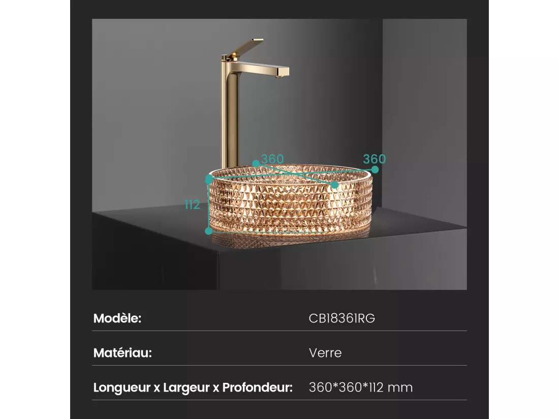 EMKE Vasque à Poser Ronde, 360 x 360 x 112 mm, Lavabo en Verre Or rose, Design Montage sur Comptoir
