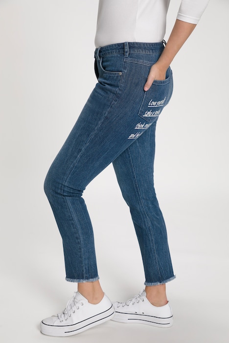 Jeans Sarah, Schriftdruck, High Waist, schmal, Fransen