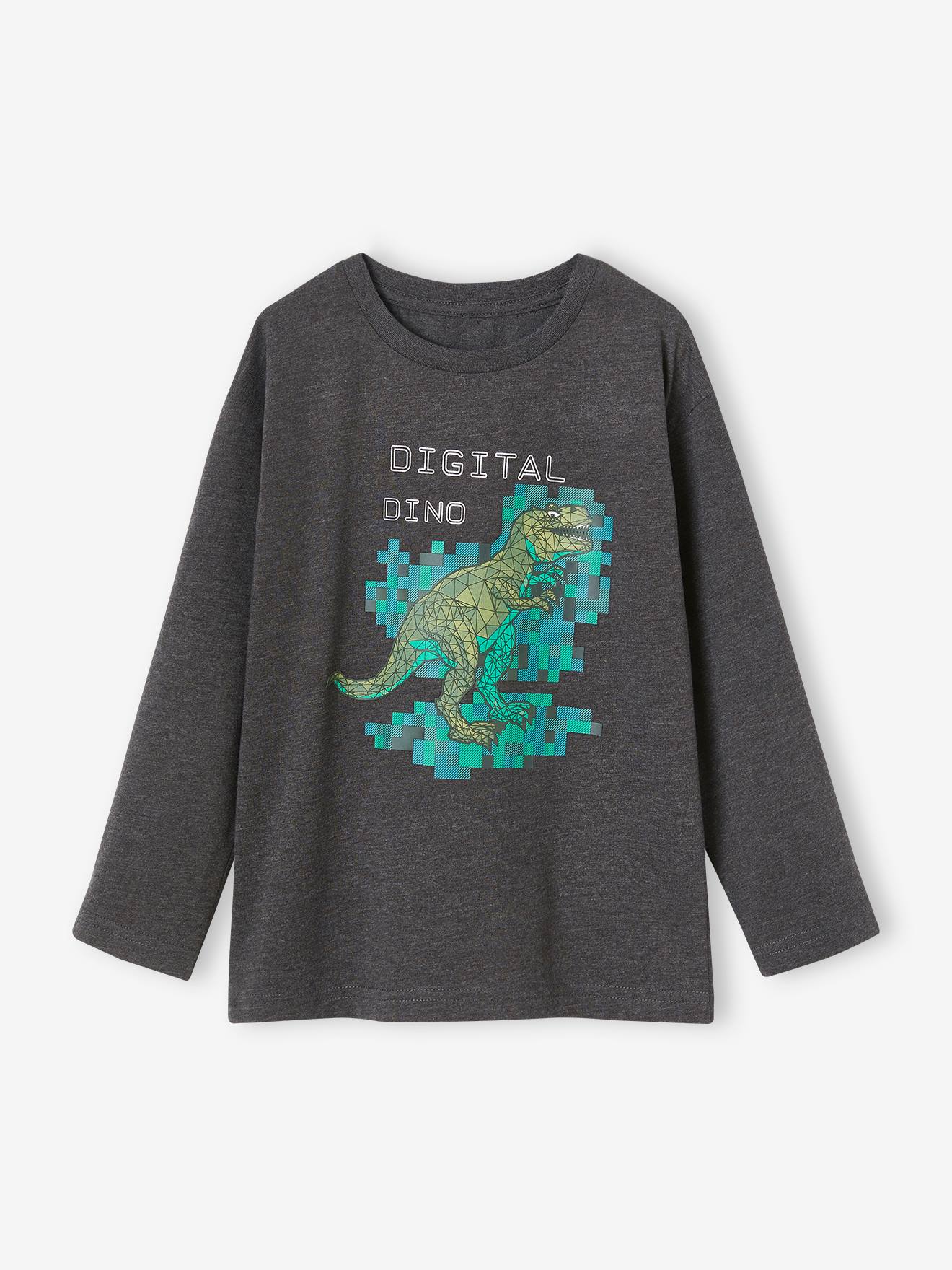 Camiseta infantil masculina com estampa de dinossauro em pixel art, cinza mesclado.