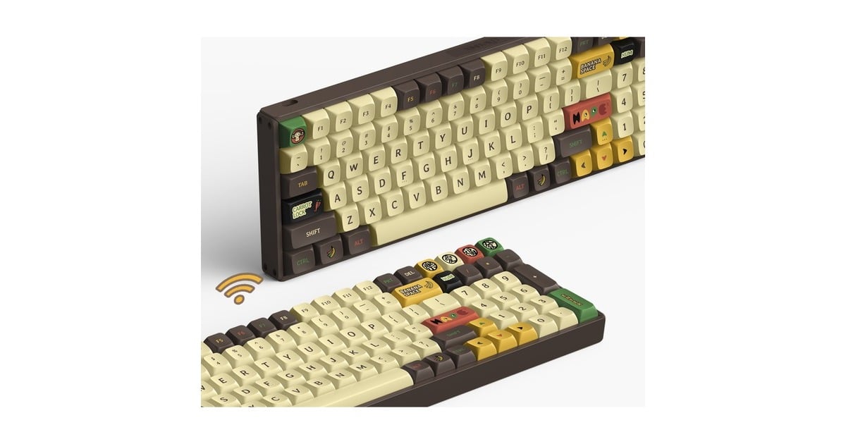IqunixF97 Happy Ape Wireless Mechanical Keyboard, gaming toetsenbord  (Bruin/geel, US lay-out, IQUNIX Moonstone Turbo, RGB leds, 96%, Hot-swappable, PBT, 2.4GHz | Bluetooth 5.1 | USB-C)