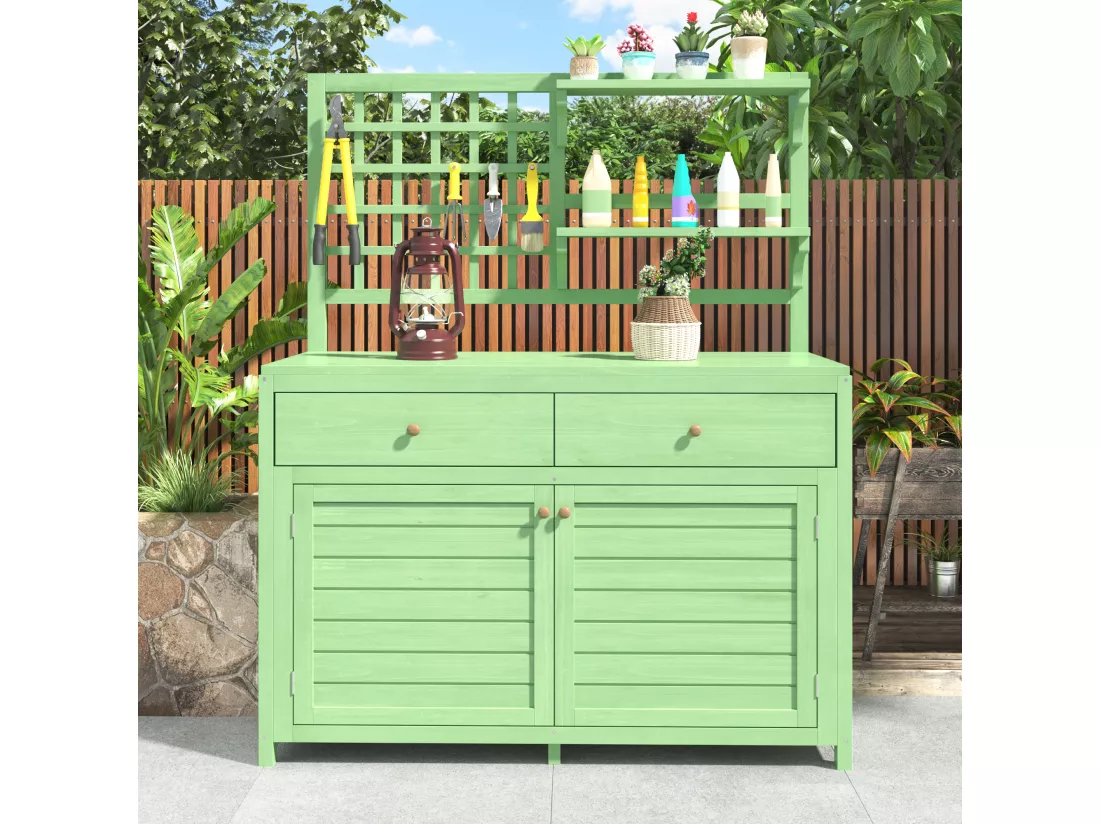 Armoire de jardin, abri de jardin en bois massif avec 2 portes, 2 tiroirs et étagère de rangement - 141.5 x 44 x 105 - Vert