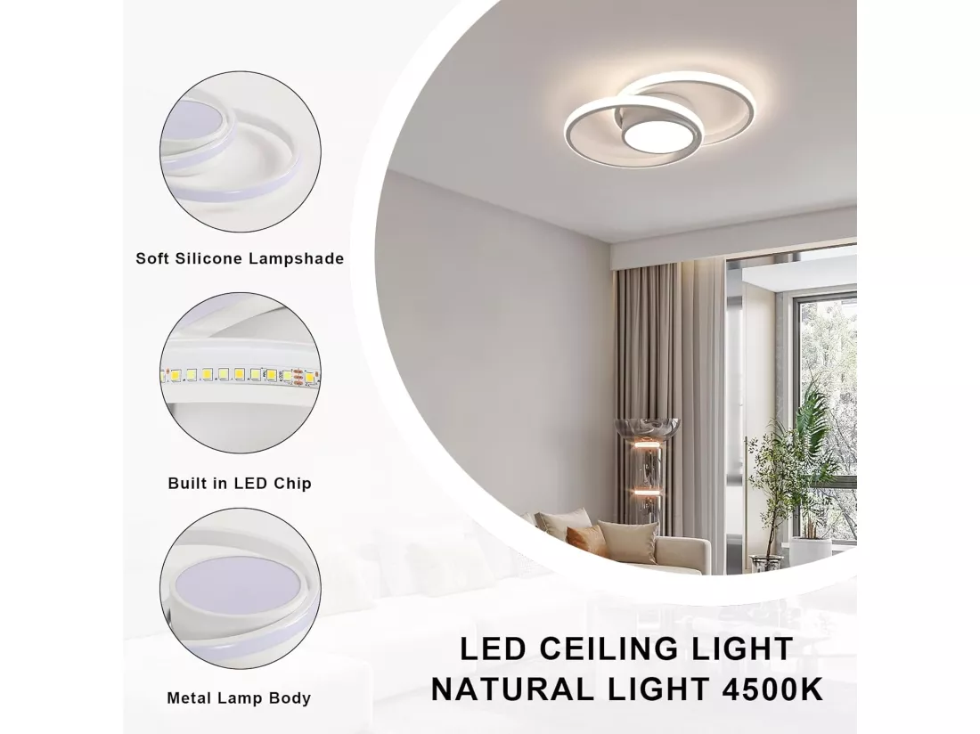 Plafonnier LED, Rond Lampe de plafond 42W,Luminaire Plafonnier pour Couloir Coucher Salle de Bains Cuisine Salon, Lumière Naturelle 4500K, Longueur 40cm, Blanc