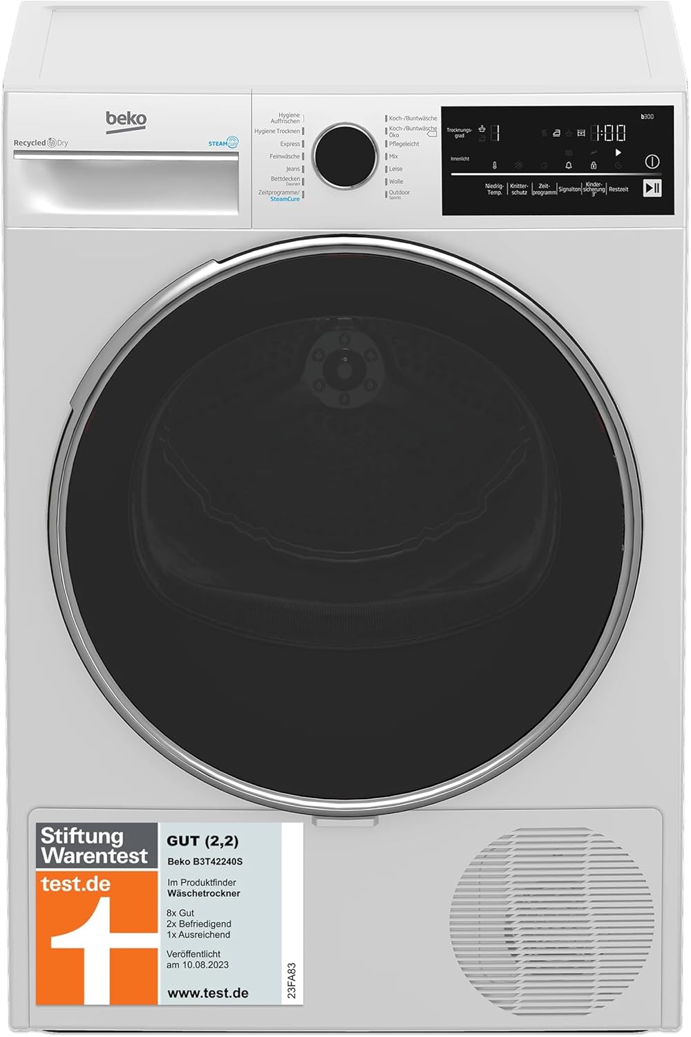 Beko B3T42240S b300 Wärmepumpentrockner, 8 kg, allergikergeeignet, Hygiene Trocknen & Hygiene Auffrischen, SteamCure - Dampffunktion, 14 Programme, Weiß