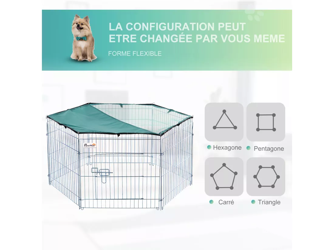 PawHut Parc enclos modulable Acier 6 Panneaux et 1 Porte pour Chiens Ø 120 x 60 cm Gris Métal vert