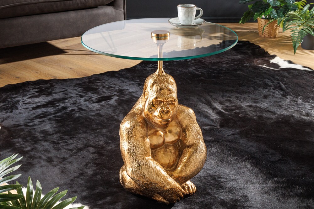 riess-ambiente Beistelltisch KONG - 50cm gold Metall Glas Affenfigur Gorilla Skulptur rund