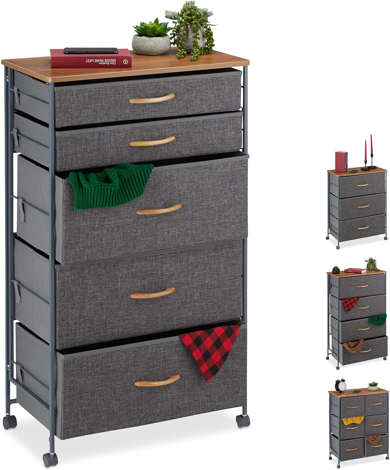 Relaxdays Schubladenschrank mit Rollen, 5 Stoff Schubladen, Deko Stoffschrank, Holzoptik, HBT 96,5 x 58 x 30 cm, grau, Design C