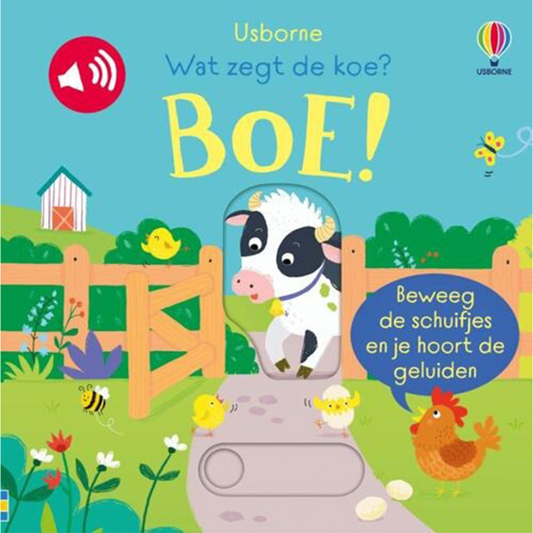 uitgeverij usborne geluidenboek wat zegt de koe? boe!