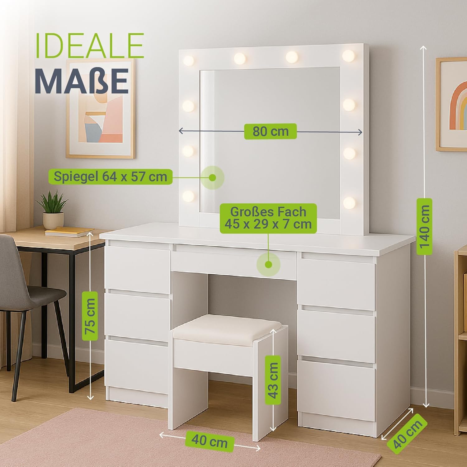 Juskys Schminktisch Talea mit LED-Spiegel und Hocker Melly, 7 Schubladen, individuelle Lichteinstellung, viel Stauraum, modernes Design, kompakt & pflegeleicht — Weiß
