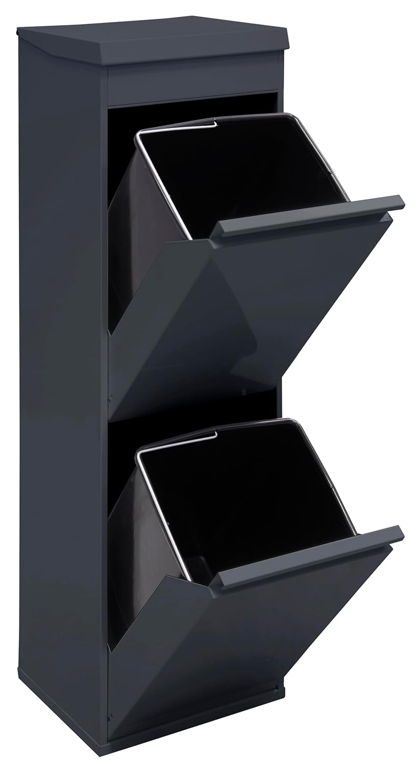 ARREGUI Top CR224-B Mülltrennsystem aus Stahl mit Aufbewahrungsbox mit Deckel | 2 Fächer Mülleimer für die Küche | 2x17 L (34 L) | 2 Fach Abfalleimer | Herausnehmbare Inneneimer mit Griff | anthrazit