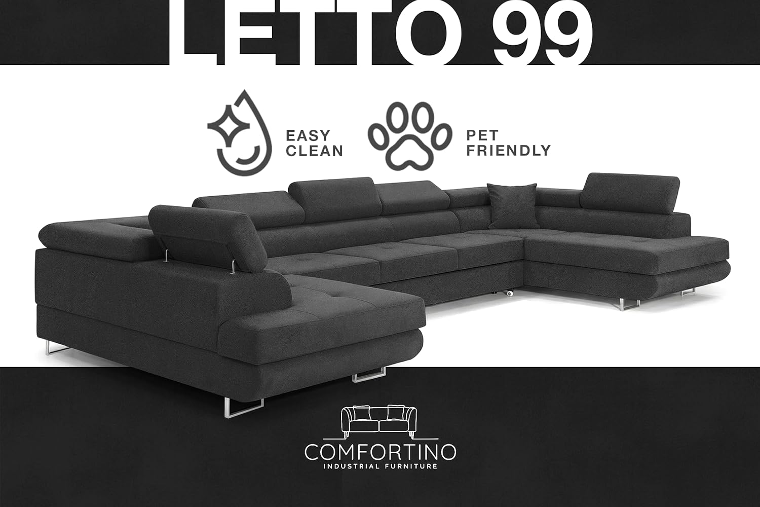 Ecksofa mit Schlaffunktion BIG PASTI U-Form, Sofa Couch mit Bettkasten, 3-Sitzer Eckcouch, Schlafsofa für Wohnzimmer, Big Sofa Couch mit Schlaffunktion (Pet Friendly Edition Anthrazitgrau)