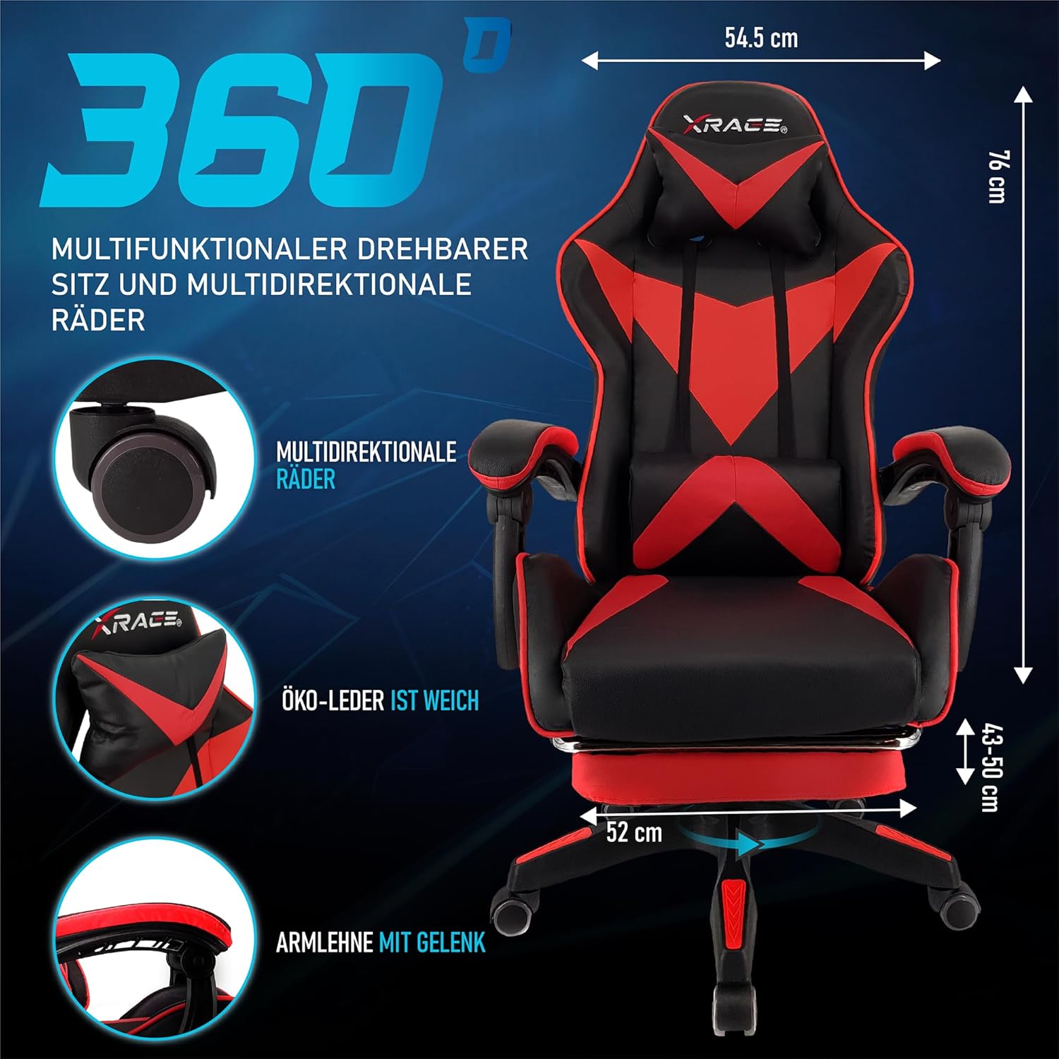 xRace Gaming Stuhl, Bürostuhl, Ergonomischer Pc Stuhl, Gaming Sessel aus Leder mit Lendenwirbelstütze, Verstellbarer Drehbarer, Task Stühle mit Fußstütze und Kopfstütze, Rot