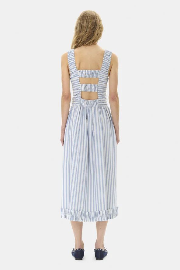 Ganni Stripe Cotton Midi Strap Smock Dres Egret