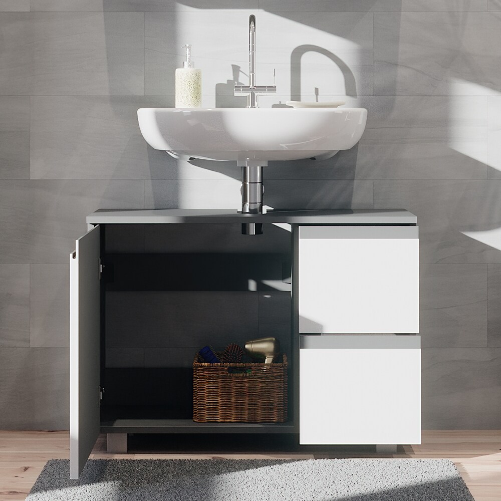 Vicco Waschtischunterschrank Waschbeckenunterschrank Badschrank J-shape Anthrazit Weiß modern 80x61cm Badezimmer Schrank Badmöbel Schranktür Schrankschublade Aufbewahrung