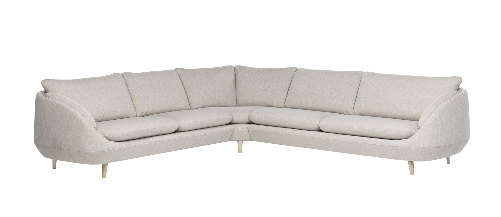 Ross hjørnesofa 3/3,5 hjørnesofa. Tekstil Mosso Kitt med hvitpigmenterte ben 516