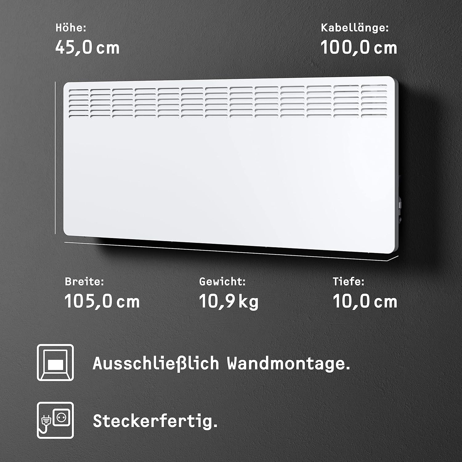 STIEBEL ELTRON Wandkonvektor CNS 300 Trend, 3 kW für ca. 35 m², TÜV geprüft, LC-Display, Wochentimer, Elektroheizung energiesparend, Wandmontage, mit Stecker, 236530
