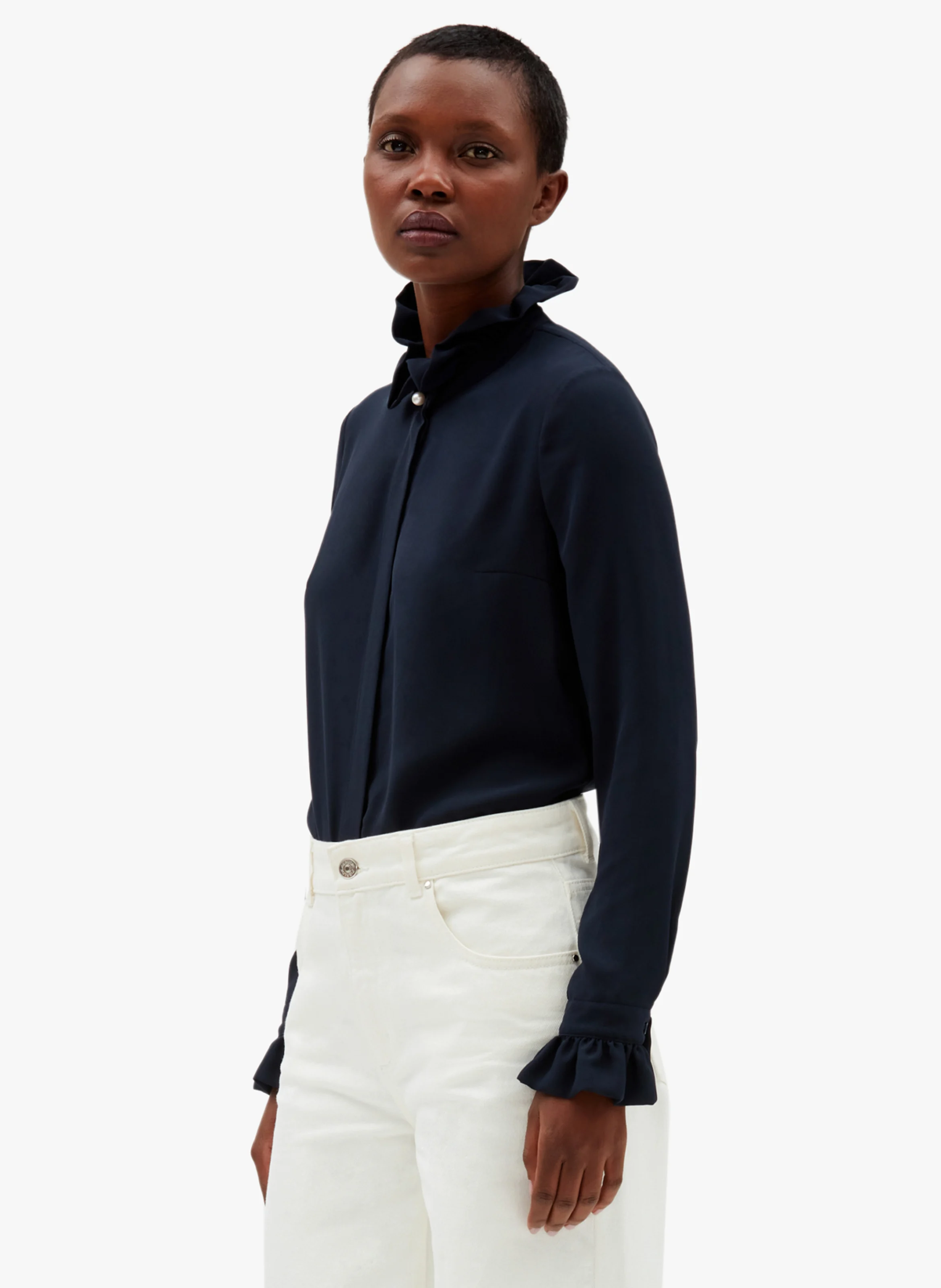 Chemise col victorien en crêpe | Bleu