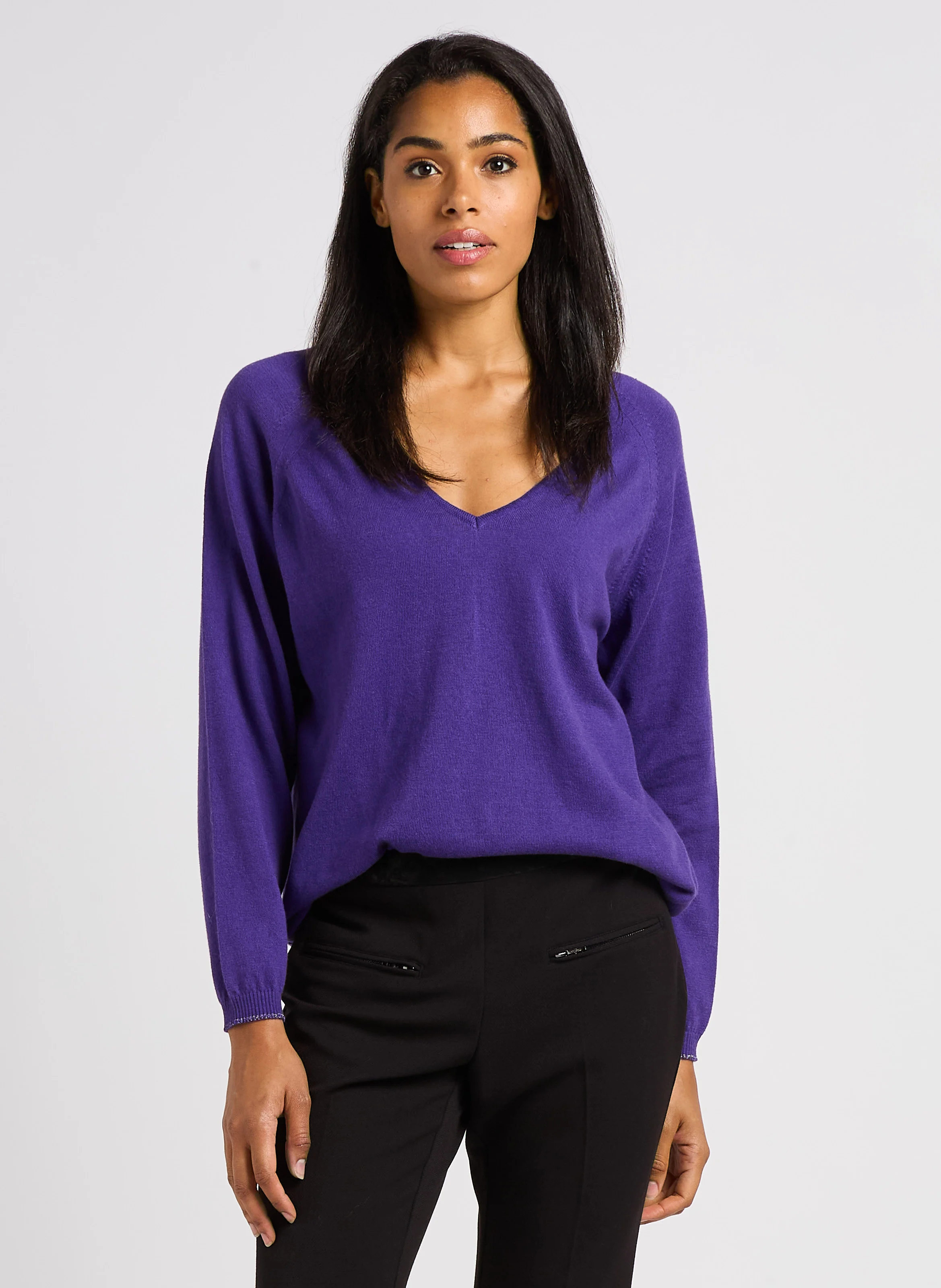 TOWSVILLE - Pull col V jacquard en coton et laine| Violet