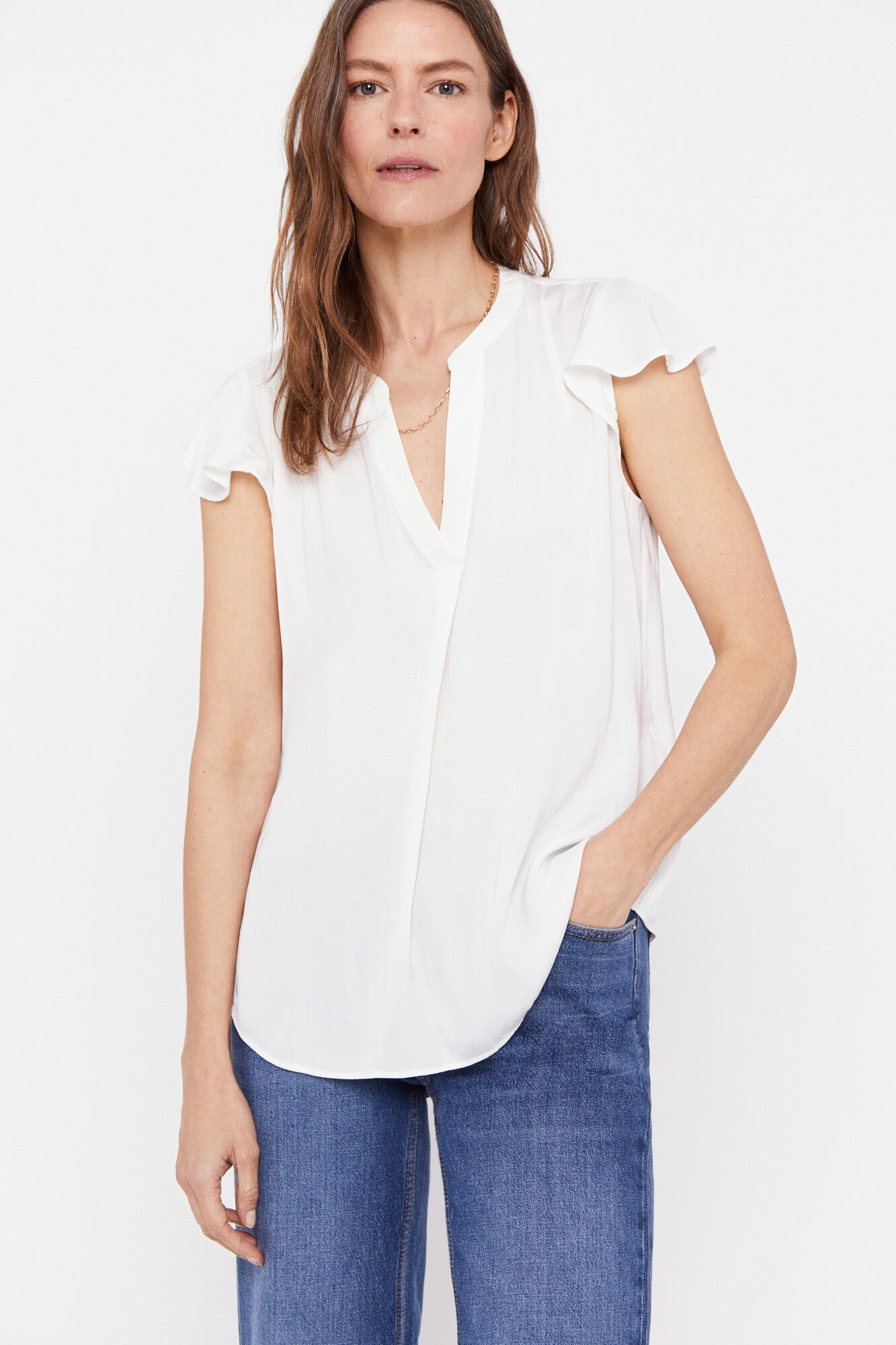 Blusa de cetim com mangas franzidas - Branca