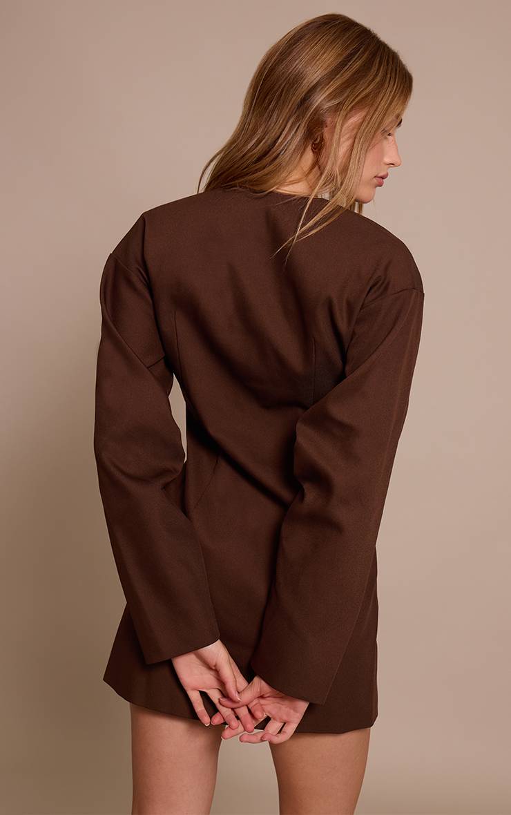 Deep Chocolate Robe Blazer Tissée À Manches Ballon
