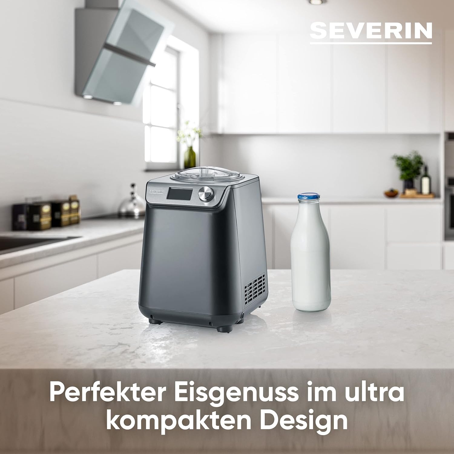 Severin Kompakt Eismaschine & Joghurtbereiter, platzsparende Eismaschine mit Kompressor im Slim-Design, 2-in-1 Eisbereiter und Joghurtmaschine, EZ 7407