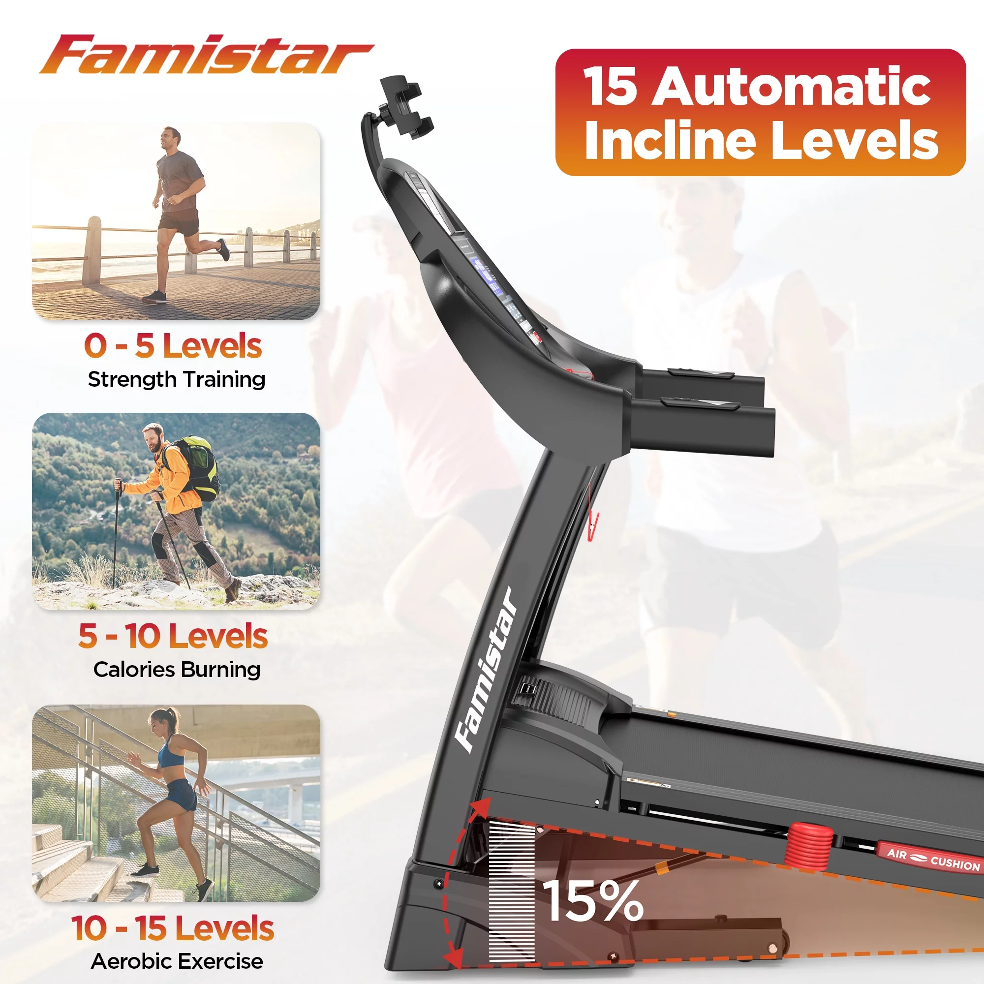 Esteira dobrável Famistar para uso doméstico com 15 níveis de inclinação automática, capacidade de 136 kg, controle de velocidade de até 16 km/h, esteira portátil para corrida e caminhada, 4,5 HP, com faixa para joelho de brinde.