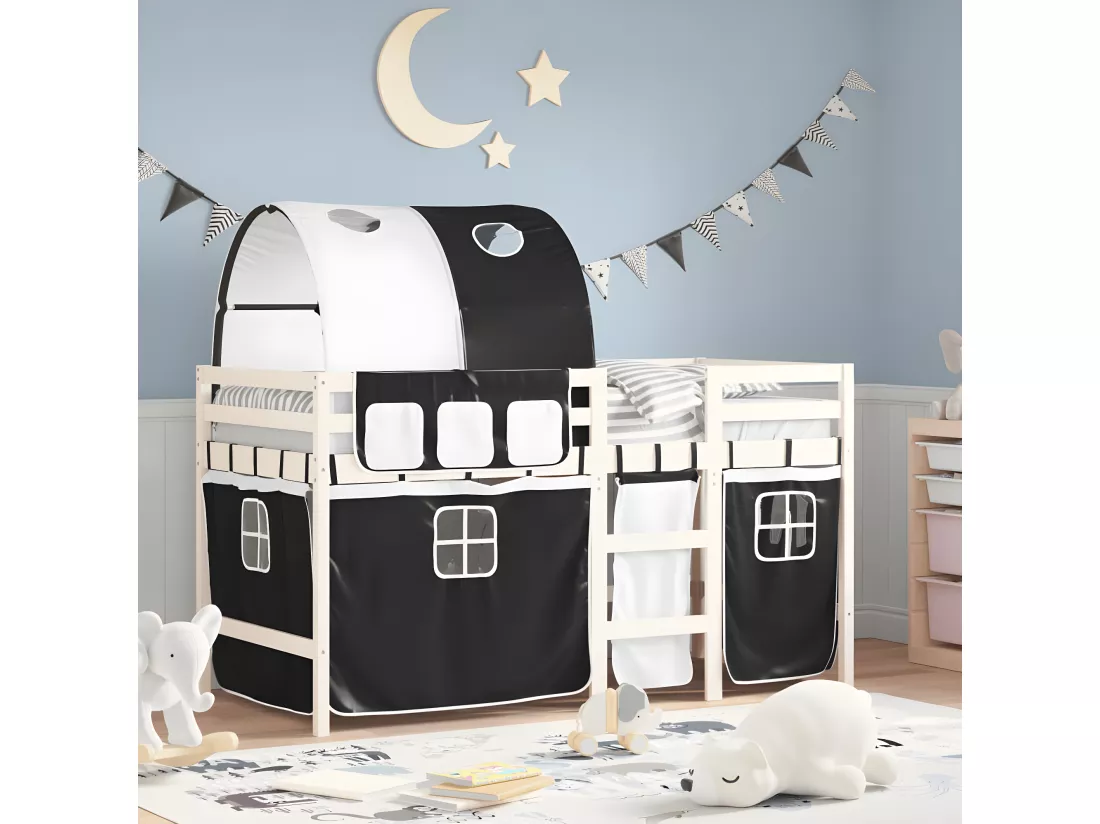 Lit mezzanine enfants et tunnel blanc/noir 90x190 cm pin massif