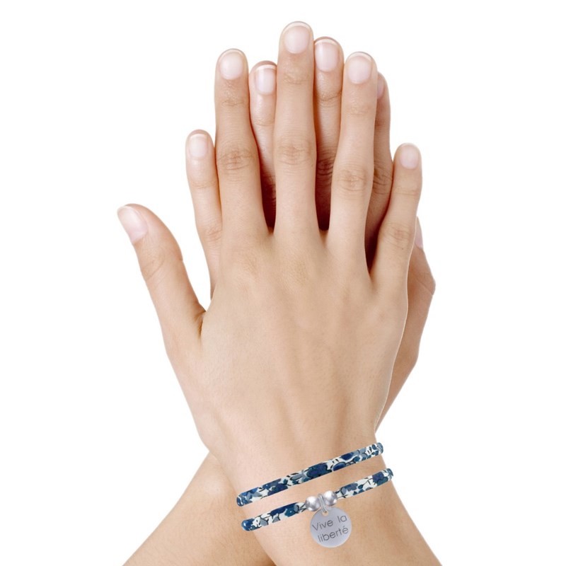 Bracelet Double Tour Lien Liberty et Médaille Vive la Liberté Argent - Bleu Navy