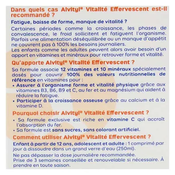 Comprimidos efervescentes Alvityl Vitality, 12 vitaminas, 10 minerais, para maiores de 12 anos, 30 comprimidos