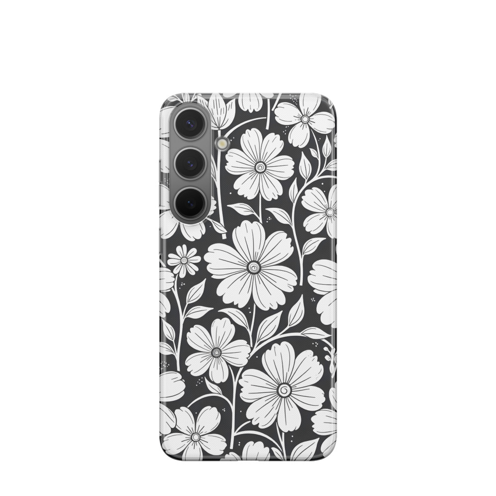 Samsung Galaxy S24 Plus Gummi Hülle Schwarz-Weiss-Blüten - Schwarz