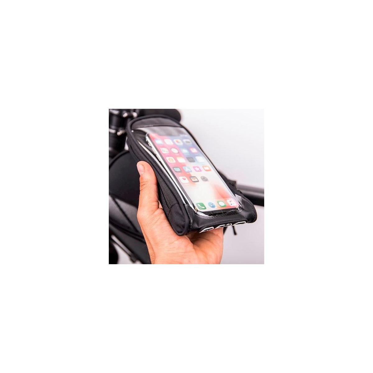 Waterproof bicycle frame bag with a removable phone case, Black
