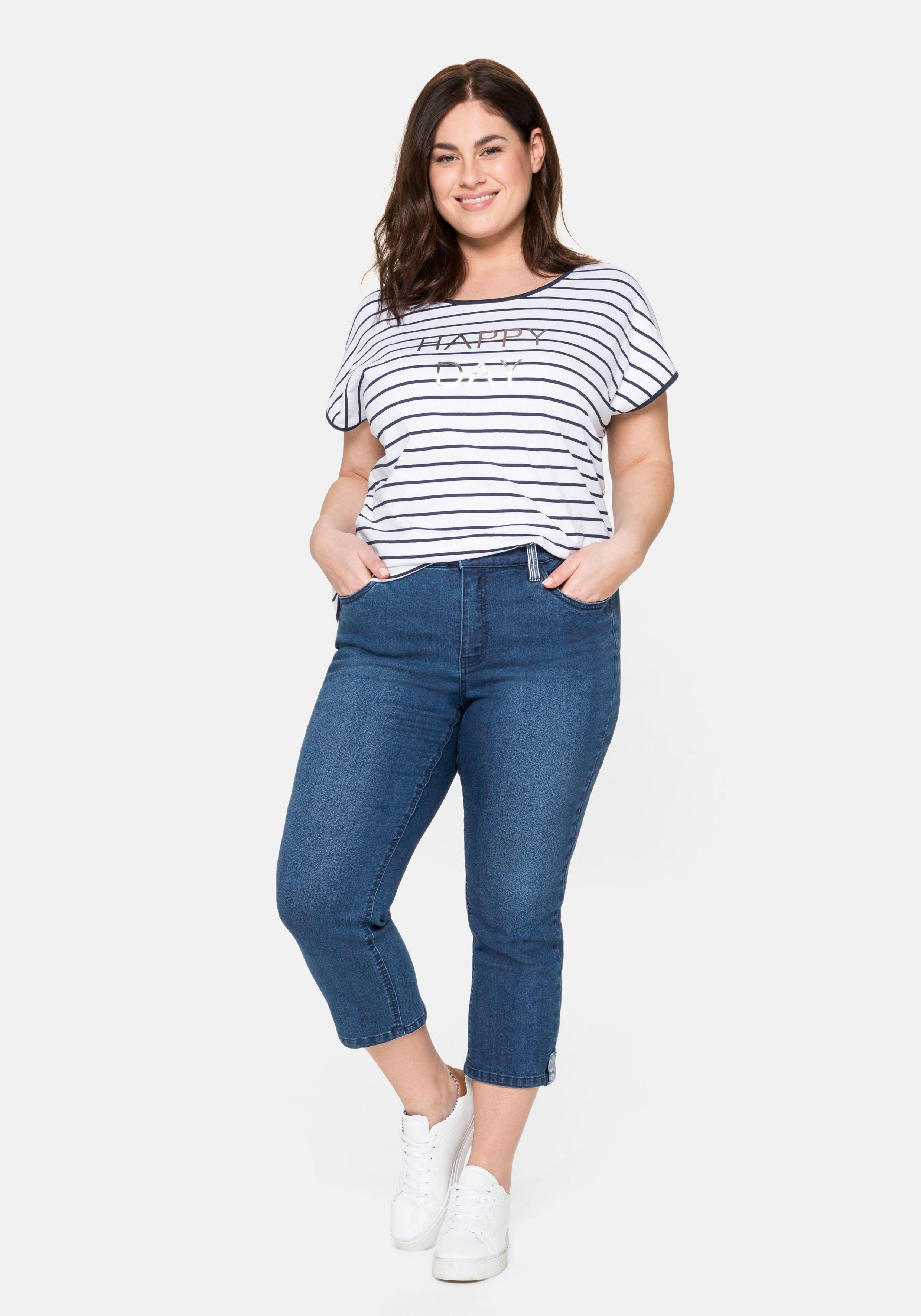 T-Shirt mit Ringeln und Statement-Foliendruck