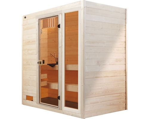 Weka Valida GTF massief houten sauna inclusief 7,5 kW kachel en digitale bediening met raam en volledig glazen deur van helder glas