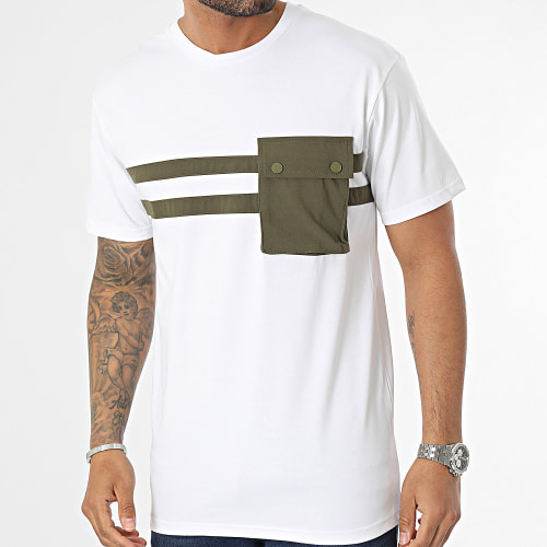 Tee Shirt Poche Blanc Vert Kaki