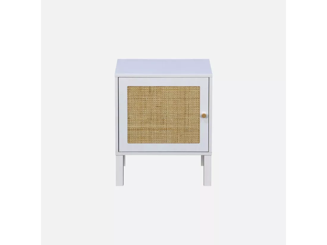 Table de chevet enfant effet bois blanc et cannage