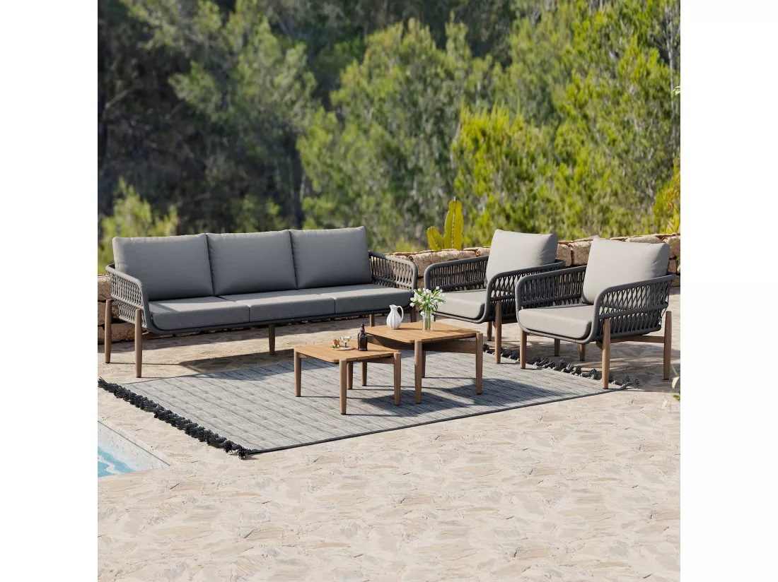 Salon de jardin modulable 5 places en acier galvanisé : 1 canapé 3 places + 2 fauteuils + tables basses gigognes - Gris