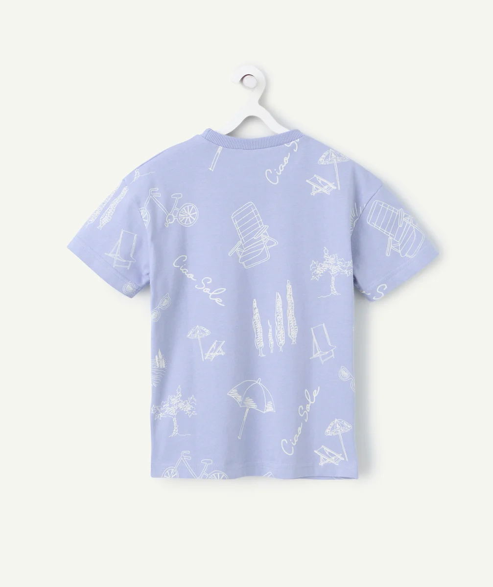 t-shirt manches courtes garçon en coton bio mauve avec imprimé