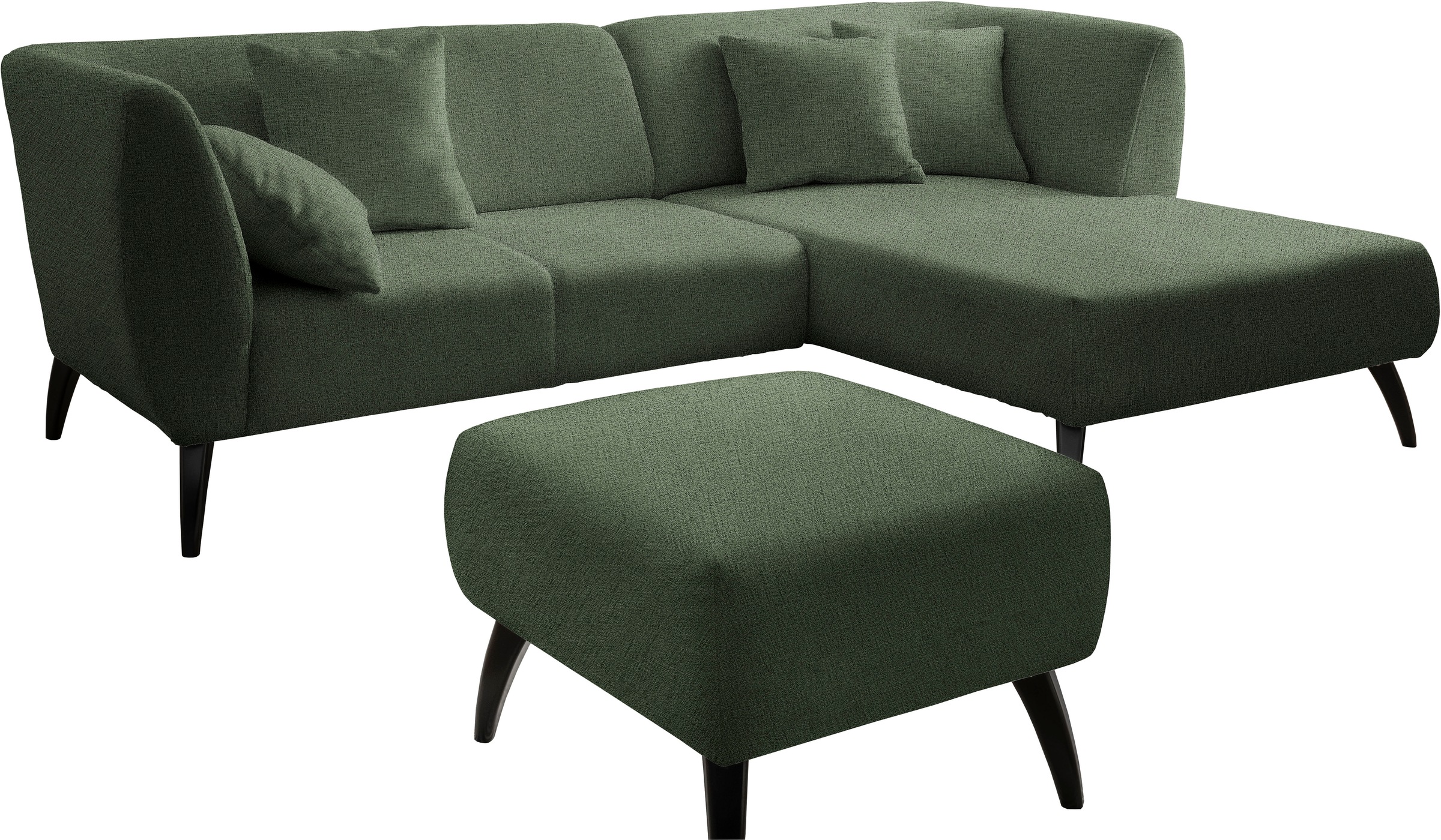 INOSIGN Ecksofa »Colori Polstermöbel mit zeitlos eleganter Rückenführung. L-Form« Holzfussfarbe wählbar, inkl. 4x Zierkissen