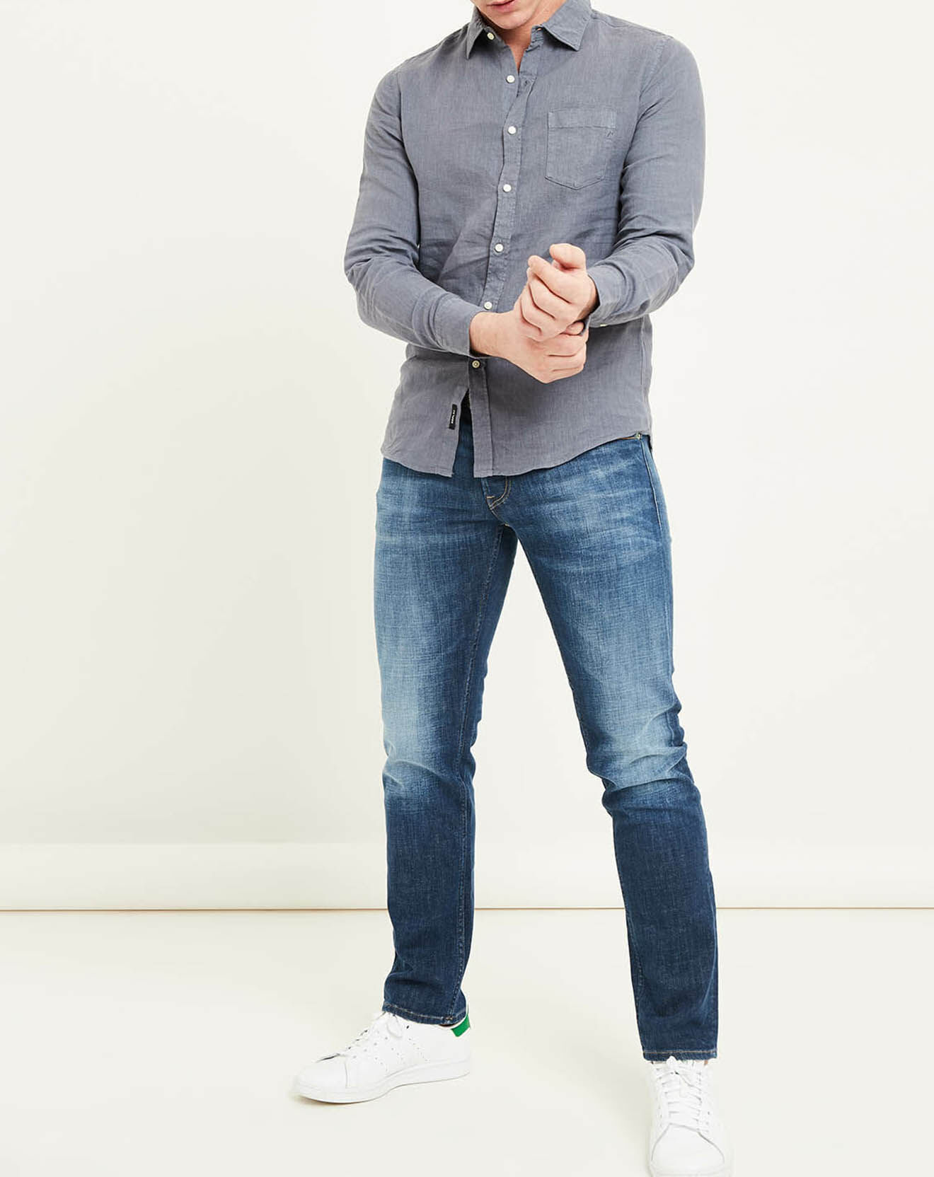 Replay Chemise ajustée en Lin bleu gris
