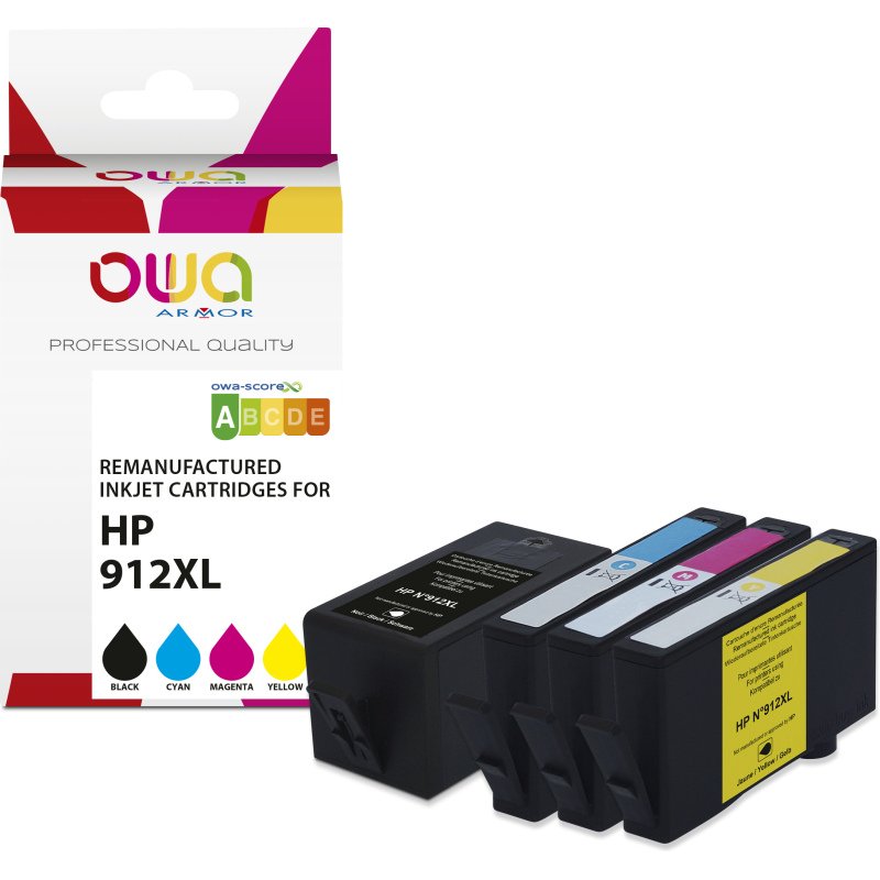 Pack de 4 cartouches OWA compatible HP912XL Noir Cyan Magenta Jaune pour imprimante jet d'encre