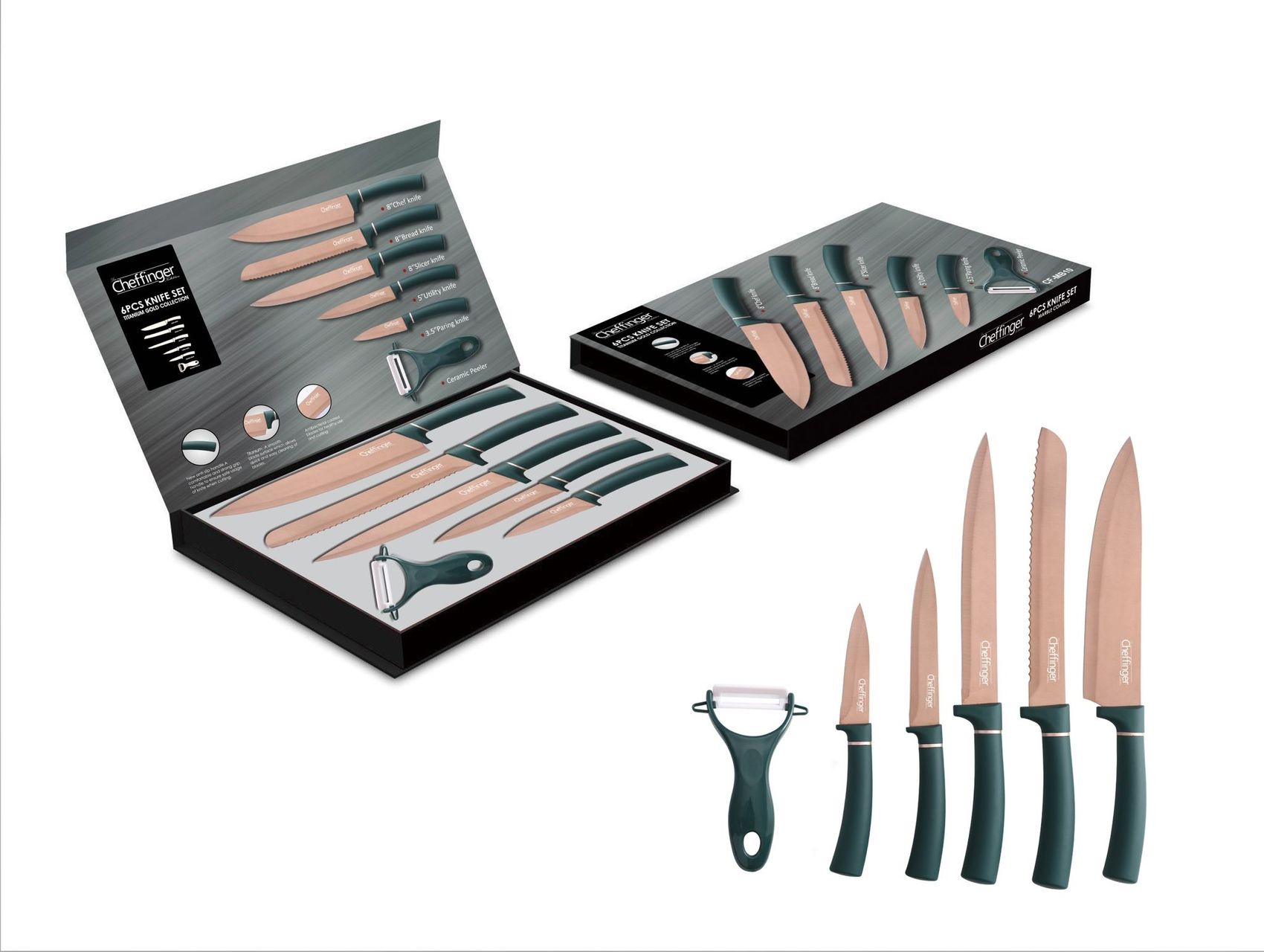 Cheffinger 6 Teile rose gold grün Messerset Messer Fleischmesser Brotmesser