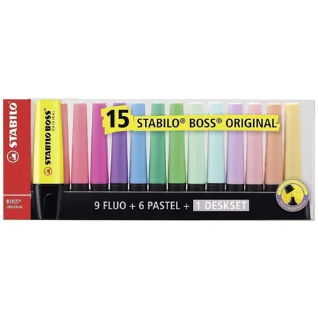 Textmarker - STABILO BOSS ORIGINAL - 15er Tischset - 9 Leuchtfarben, 6 Pastellfarben