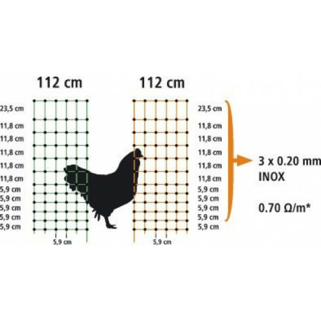 Filet poules 50 m simple pointe AKO orange électrifiable Hauteur 112 cm