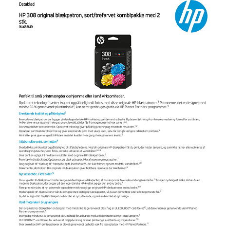 HP blæk nr. 308 sort/trefarvet - 2 stk.