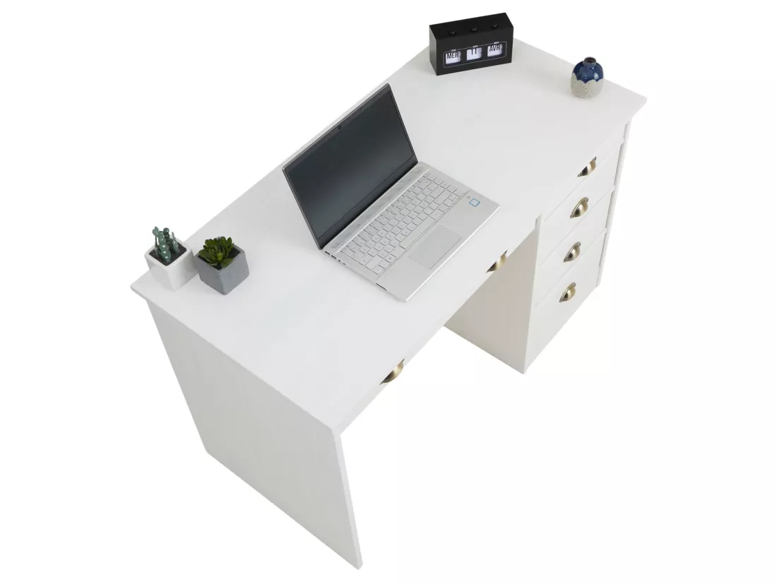 Bureau LANA avec rangement 5 tiroirs et poignées en forme de coquille, en pin massif lasuré blanc