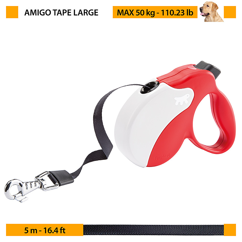 Laisse rétractable pour chiens amigo tape large, sangle rétractable, 5 mètres, max 50 kg, noir