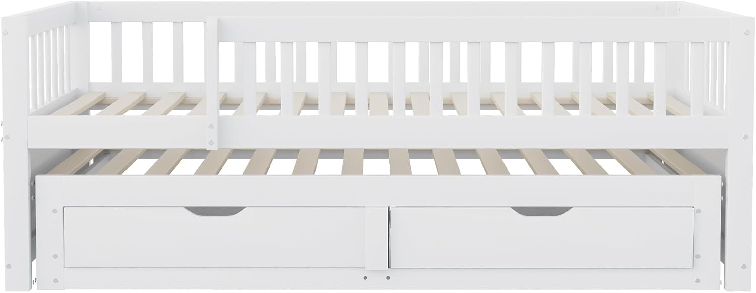 Kinderbett 90x200 Massivholz Schlafsofa mit Ausziehbett & Schubladen, Multifunktionsbett Tagesbett Gästebett Stauraumbett Jugendbett Bettgestell mit Rausfallschutz und Lattenrost, ohne Matratze, Weiß